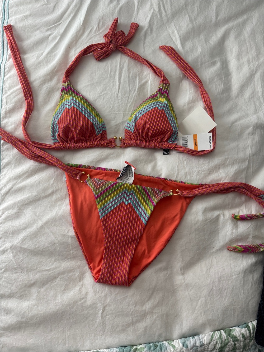 BECCA Coral Multicolor Chevron Tie Bikini Set